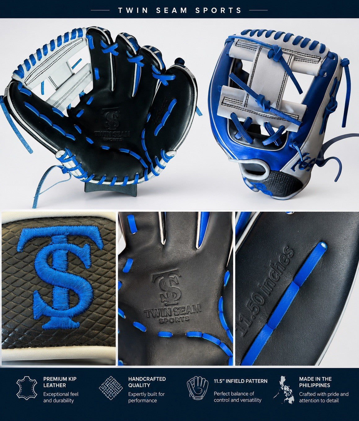 Twin Seam Sports Custom Kip 11.5” I-Web Infield Glove – Blue/White/Black