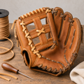 Leather slow-pitch glove showing sectional relacing work