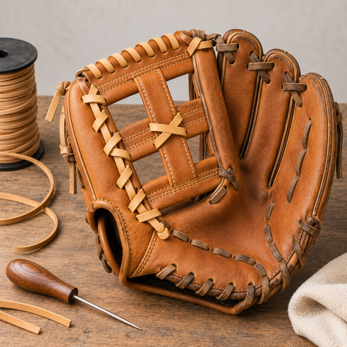 Leather slow-pitch glove showing sectional relacing work