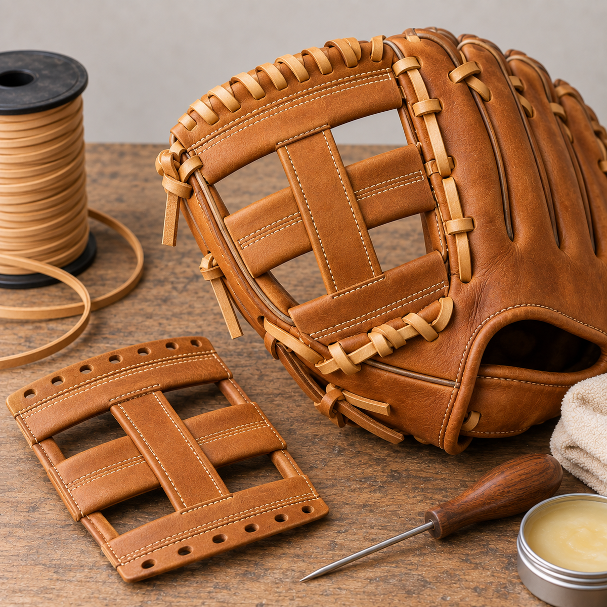 Leather slow-pitch glove with replacement web ready for installation
